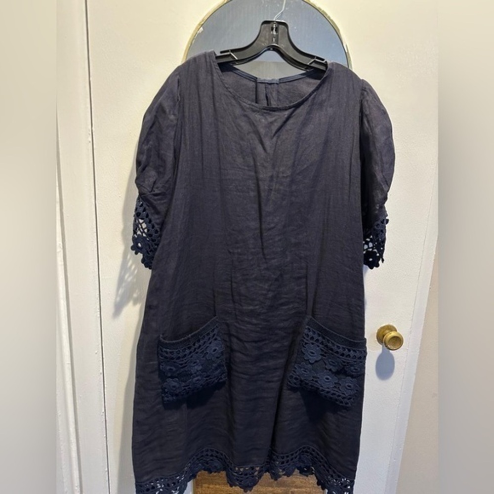 Blue Casual Puff Sleeve Crew Neck Dress